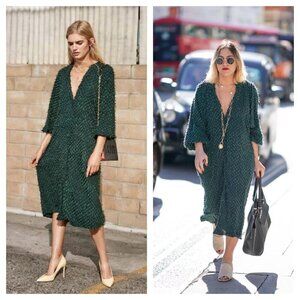 H&M Textured Midi Dress 3/4 Raglan Sleeve Button Down in Dark Green Women's 2